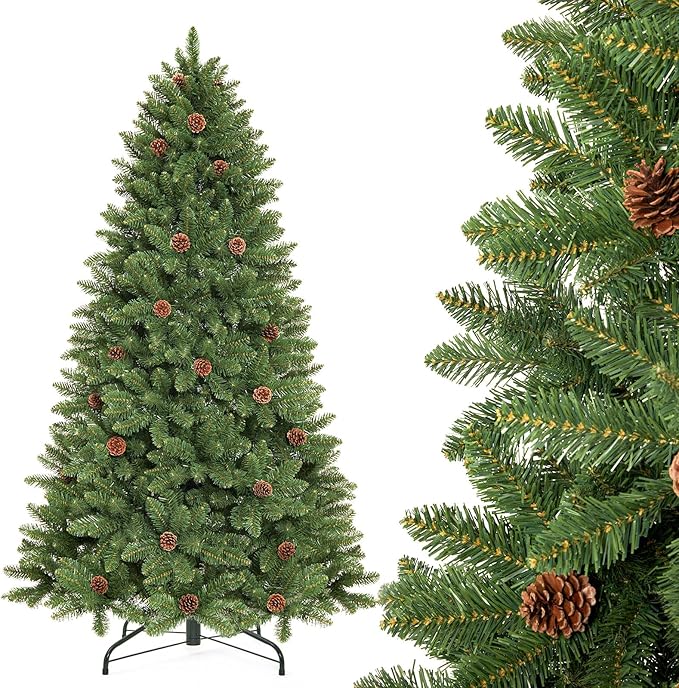 Decoway 7FT Artificial Christmas Tree: Unlit Green Xmas Pine with Pinecones and Metal Stand for Indoor - Holiday Decoration for Porch Living Room Easy Assembly