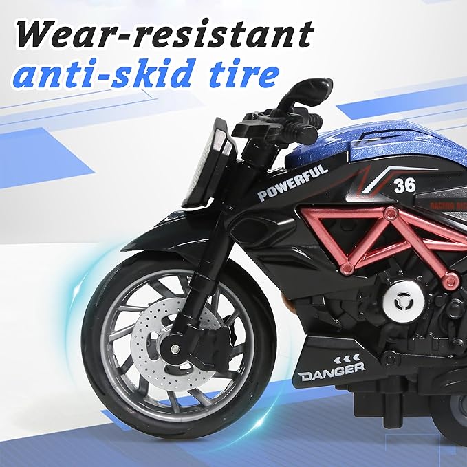 4-Pack Pull-Back Motorcycle Toys - Friction Powered Kids Toy Cars with Lights, Sounds & Automatic Drive for Boys & Girls Aged 3-12