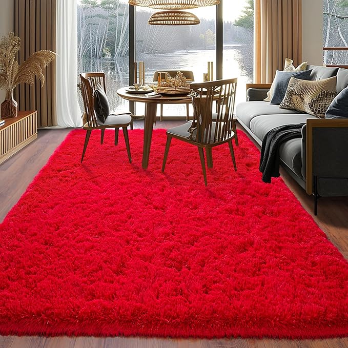 5'x7' Super Fluffy Rug for Bedroom, Modern Shag Red Area Rugs, Soft and Cozy Plush Large Carpet for Kids, Girls Boys and Teens Decorations for Living Room Dorm Nursery Classroom, Red