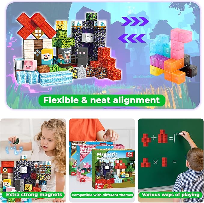 100 PCS 0.8in Magnetic Blocks - Magnet Toys for Kids, Magnetic Building Blocks Cubes, Stacking Magnets, School STEM Toys Birthday Gifts for Boys and Girls Age 3+ Years Old (Theme: Portal)
