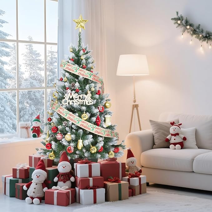 2025 Christmas Pre-Lit Pencil Tree 6FT with Lights, Automatic White Spray Artificial Xmas Tree with Pinecone, Decor for Christmas Holiday