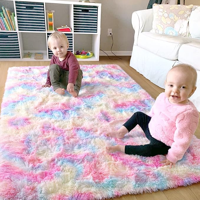 Ompaa Rainbow 9x12 Feet Area Rugs, Large Rainbow Rug for Girls Bedroom, Pastel Unicorn Kawaii Tie Dye Carpet for Teens Dorm Classroom Aesthetic, Shaggy Nursery Rug for Baby Princess Room