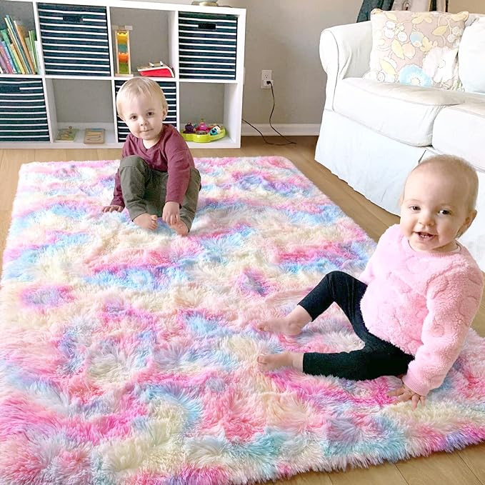 Ompaa Soft Fluffy Rainbow Kids Rug for Girls Bedroom Carpets, 6x9 Feet, Pastel Unicorn Room Decor, Kawaii Tie Dye Rugs for Teens Dorm Aesthetic, Shaggy Nursery Area Rug for Baby Toddler Princess Room