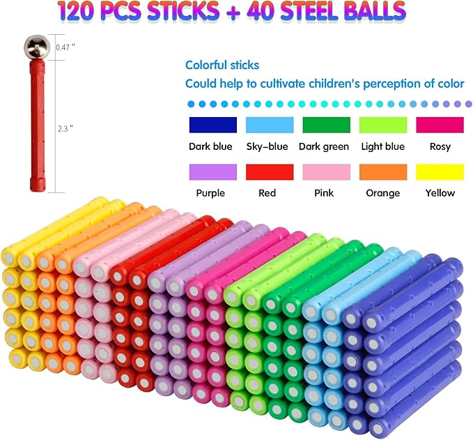 160 Pcs Magnet Building Sticks Kids Toys, Lengthen Magnetic Construction Building Blocks Set 3D Brain Training Learning Educational DIY STEM Toys