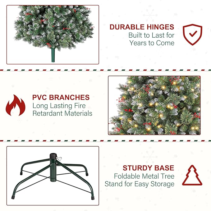 6 ft Lighted Frosted Christmas Tree, Artificial Pine Christmas Tree with Red Berries, 250 Warm White LED Lights, 956 Branch Tips, Foldable Metal Stand and Hinged Branches