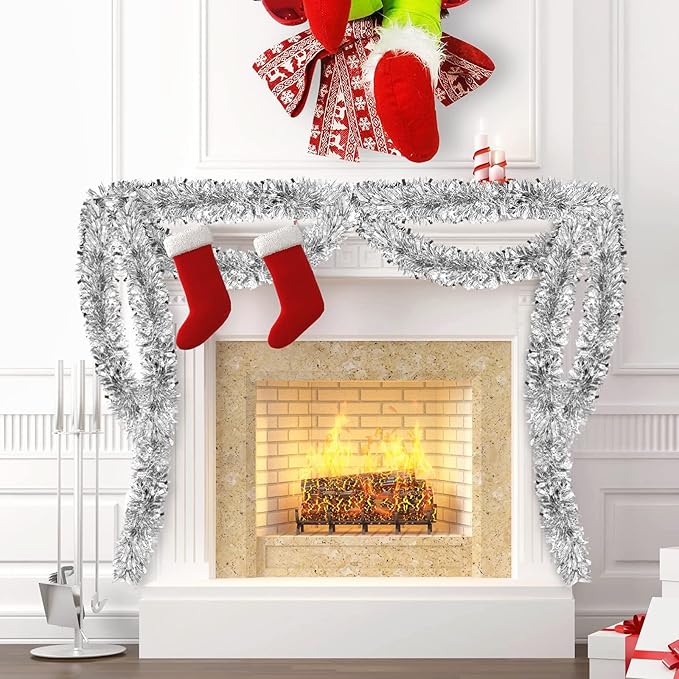 50FT Silver Christmas Tinsel Garland - Metallic Tinsel Twist Garland for Christmas Tree Decorations, Xmas Tree Decor Home Indoor Holiday Party Supplies