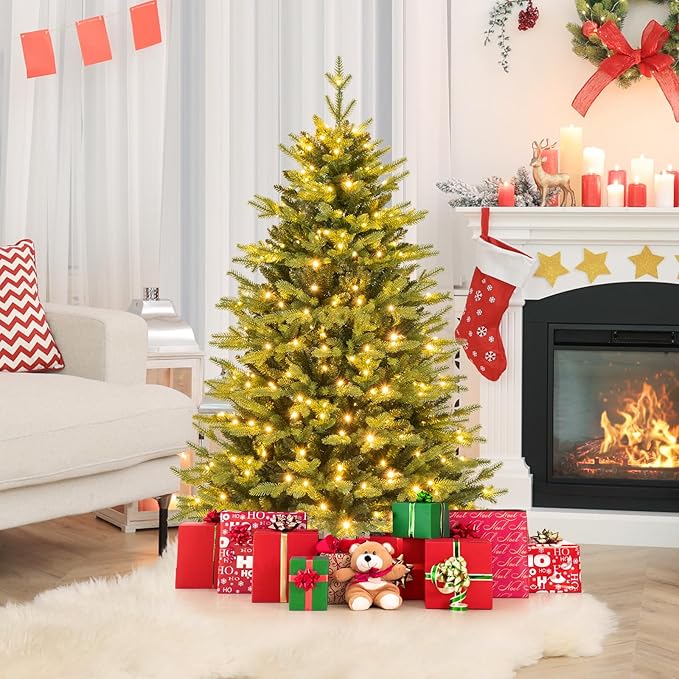 GOFLAME 5FT Prelit Artificial Christmas Tree, Hinged Christmas Tree with 250 LED Lights, 11 Lighting Modes, 844 PE & PVC Branch Tips, Holiday Decoration Tree with Remote, Timer, Adjustable Brightness