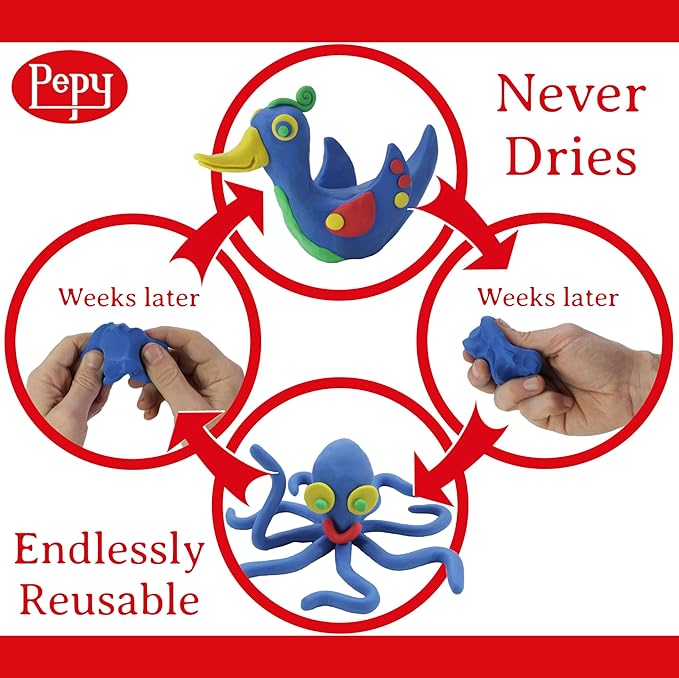 Pepy Reusable and Non-Drying Oil-Based Plasticine Modeling Clay, Primary Colors, 1 Pound, Sulfur-Free & Non-Toxic, Great for Kids, Beginners, and Artists, Perfect for Arts and Crafts Projects