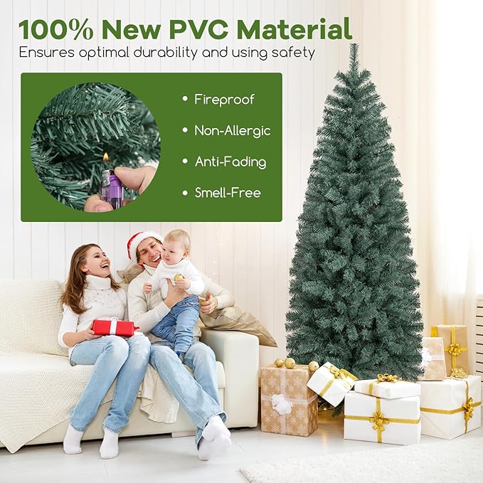 GOFLAME 6.5FT Pre-Lit Pencil Christmas Tree, Hinged Artificial Xmas Tree with 556 Branch Tips, 200 LED Lights, 9 Lighting Modes & Folding Metal Stand, Slim Holiday Decoration Tree for Home Party