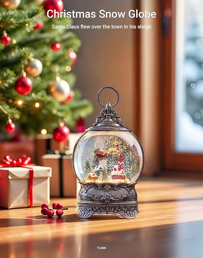12.1" Snow Globe Lights, Santa Sleigh Car Flying Scene, Musical Flashing Water Lights, USB and Battery Powered Christmas Decoration Gifts
