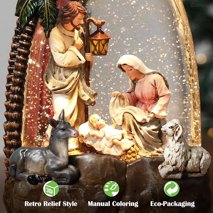 Nativity Snow Globe Christmas Decorations for Home Nativity Scene with Timer Music Sheep Donkey 8.8 inch