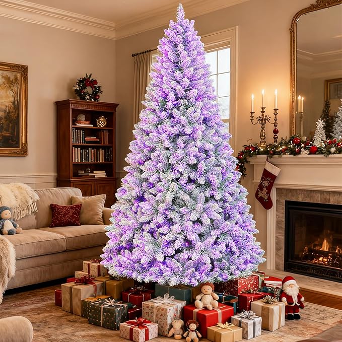 Hykolity 7.5 ft Prelit Snow Flocked Christmas Tree with Remote Control, 1446 PVC Branch Tips Artificial Hinged Christmas Tree with 450 Multi-Color RGB Lights for Home, 15 Modes
