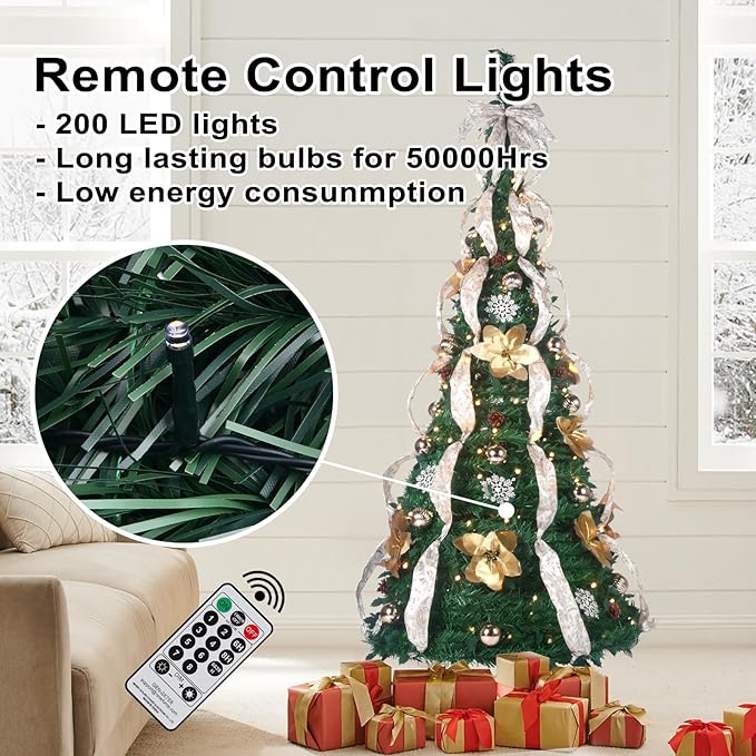 Pop Up Christmas Tree with Lights and Decorations & Remote, 6FT Prelit Pull Up Artificial Xmas Trees Decorated Christmas Tree with Red Gold Christmas Ball Ornaments Bows Ribbons Holiday Party Decor