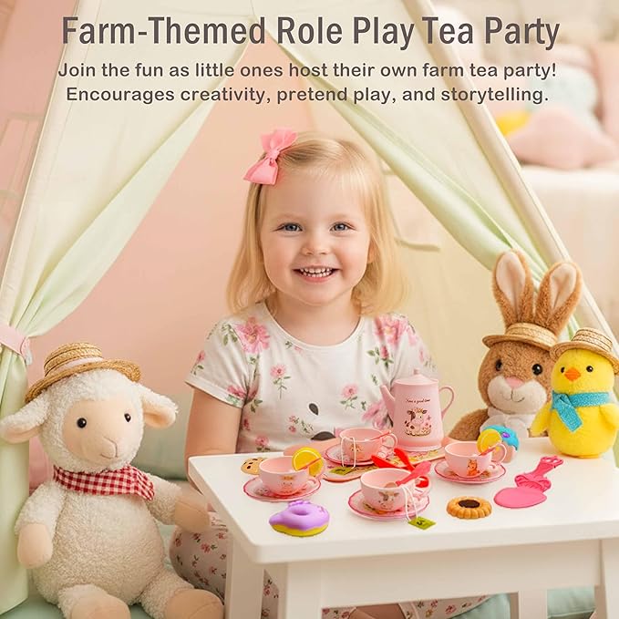 Toddler Farm Theme Tea Set for Girls 3-5, 47PCS Plastic Barn Animal Pretend Play Tea Party Set with Teapot, Cups, Tray, Desserts & Story Cards, Carrying Case Pink Gift Toy for Kids