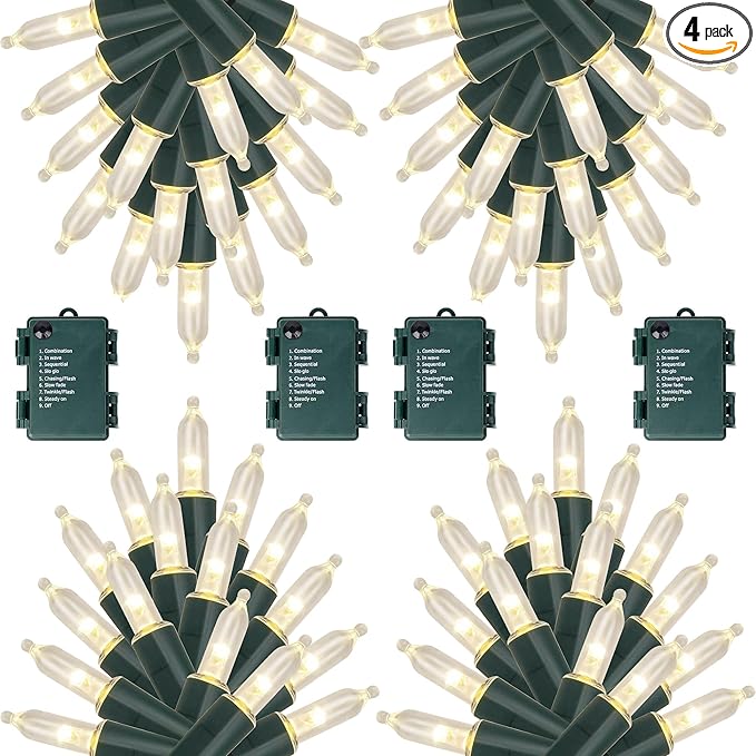 Joliyoou 4 Packs Total 200 LEDs 64ft Warm White Christmas String Lights, Battery Operated Christmas Mini String Lights with 8 Lighting Modes, Indoor Outdoor LED Xmas Fairy String Lights with Timer