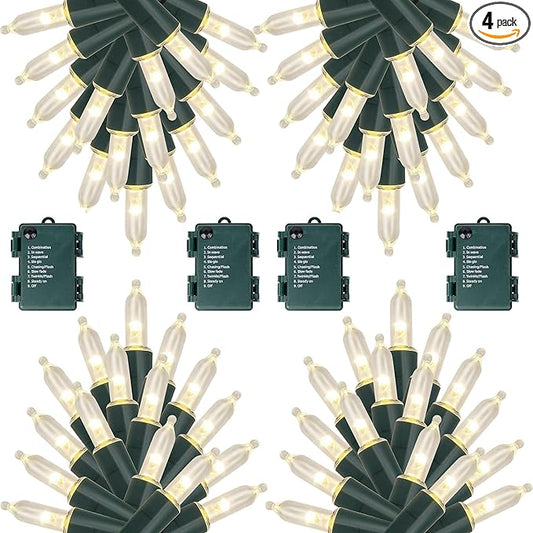 Joliyoou 4 Packs Total 200 LEDs 64ft Warm White Christmas String Lights, Battery Operated Christmas Mini String Lights with 8 Lighting Modes, Indoor Outdoor LED Xmas Fairy String Lights with Timer