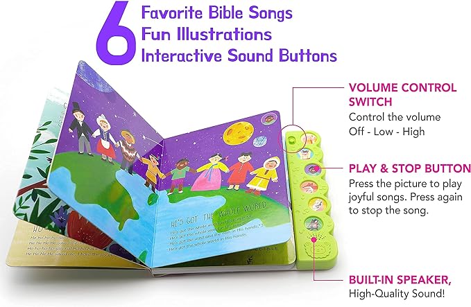 Sing Along with Jesus Christian Sound Books for Kids - 6 Bible Songs - Christening, Baptism Gifts for Boys and Girls - Religious Toys, Interactive Music Books for Toddlers - Baby Dedication