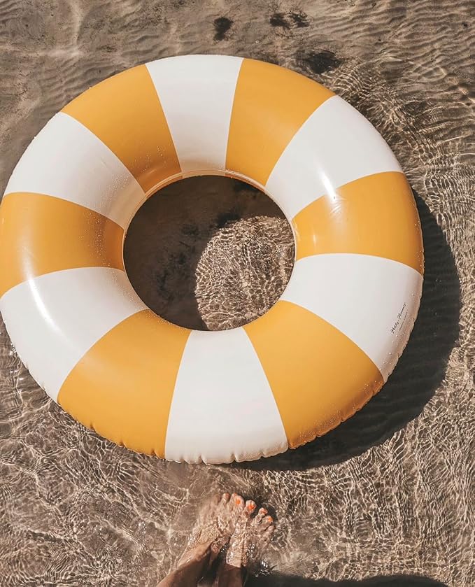 Petites-Pommes Inflatable Swimming Ring for Adults - Durable Inner Tube, Handprinted Classic Striped Design Pool Float, Soft Comfort Seaming, Packable Floats for Travel, Dark Yellow, 47 inch
