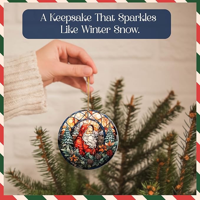 2025 Christmas Ornament – Vintage Santa Stained Glass Acrylic Ornament, Round Cathedral Window Design, Dated Navidad 2025 Decoration for Tree, Classic Holiday Santa Ornament Gift