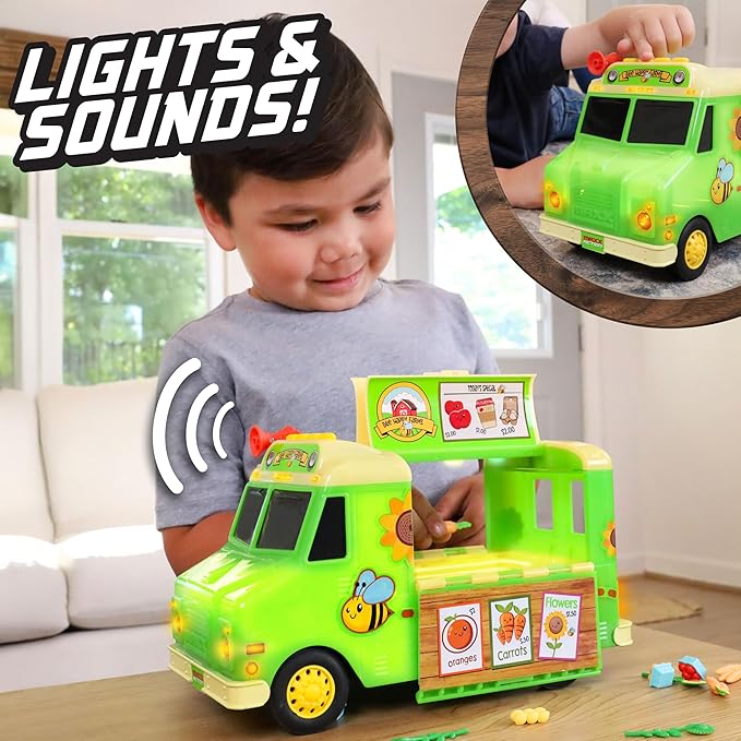 12" Farmer's Market Food Truck, Lights and Sounds, Includes 14 Play Pieces, Miniature Food, Pretend Play for Girls and Boys, Ages 3+