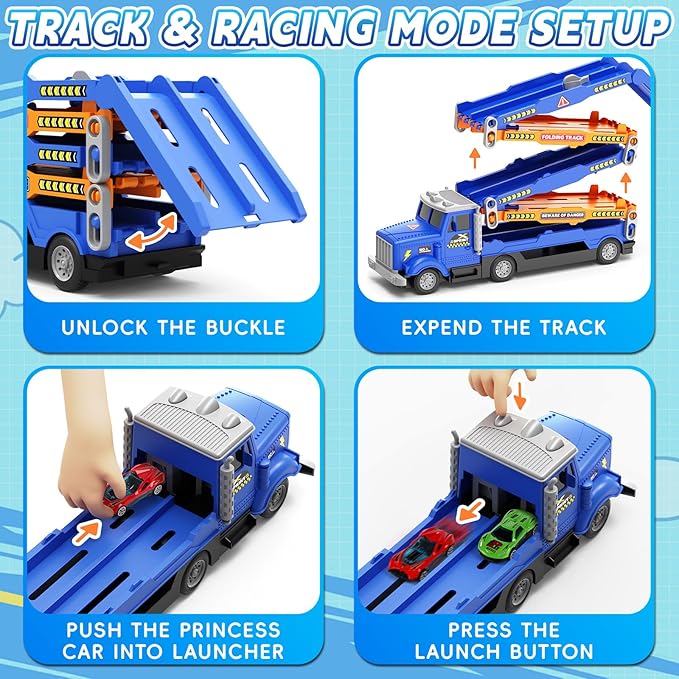 HONGTUO Toddler Truck Track Set with Lights & Sounds – 55-Inch Racing Track with 6 Die-Cast Cars, Perfect Birthday for 3 4 5 6 7 Years Old Boys and Girls
