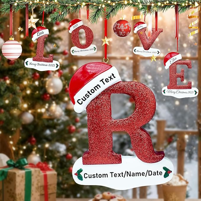 Personalized Letter Christmas Ornaments 2025, Custom Xmas Ornaments Decorations for Christmas Tree with Name 3D Resin Xmas Hanging Pendant Original Gifts for Family Friends (R)