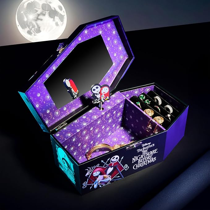 Get Trend Disney The Nightmare Before Christmas Musical Jewelry Box for Girls Mirror, Wind Up Music, Jewelry Organizer, Halloween Gifts for Girls (Black TBNC)
