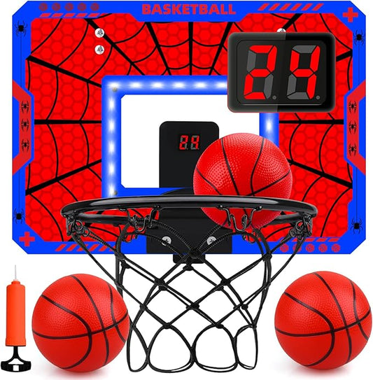 Basketball Hoop Indoor, Mini Basketball Hoop LED with 3 Balls and Scoreboard, Over The Door Basketball Hoop, Basketball Kids Toys Gifts for 3 4 5 6 7 8 9 10 11 12 Year Boys (Red Spider Web Pattern)