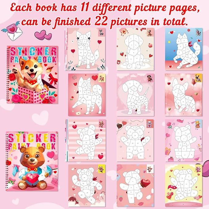 90shine 2PCS Valentines Crafts for Kids Sticker Books - Valentines Gifts Ages 4-8 Bear Dog Themed Design Create 22 Pictures