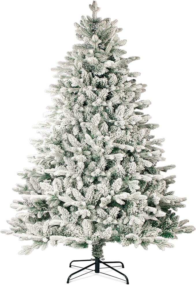 7FT Artificial Luxury Christmas Tree, Xmas Tree with 1300+ PE Branch Tips, Pine Cones & Metal Base, Snow-Flocked Hinged Tree for Home Office Party Festival Holiday Decor
