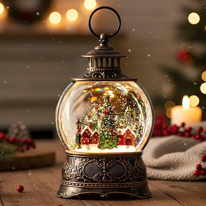 Christmas Village Snow Globe Lighted Christmas Tree and Village Scene, Musical Snow Water Lantern Swirling Glittering Home Decoration and Gift, Battery Operated or USB Powered