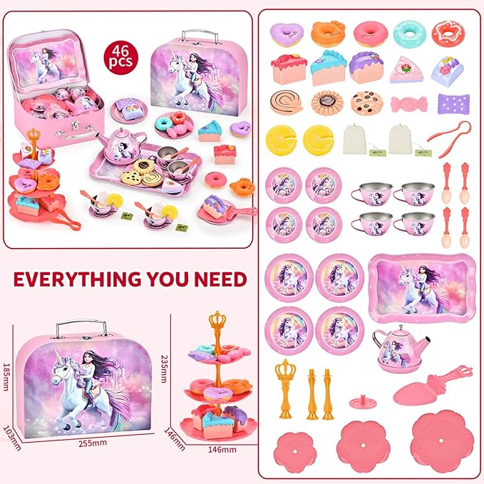 Toddlers Unicorn Tea Party Set for Little Girls, Pretend Tin Teapot Set, Princess Tea Time Play Kitchen Toy with Dessert, Doughnut, Carrying Case for Birthday Easter Gifts Age 3 4 5 6