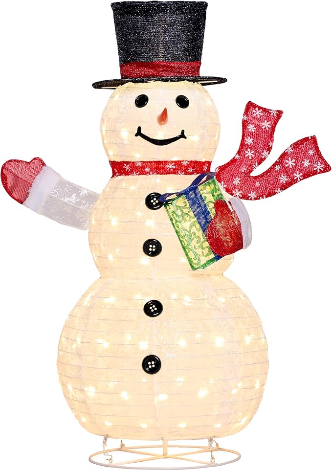 Joiedomi Snowman Christmas Decoration Outdoor, 120 LED Lighted Christmas Holiday Decorations, Collapsible Snowman Yard Lights Backyard Garden Lawn Xmas Decor, Snowman with Gift