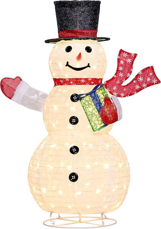 Joiedomi Snowman Christmas Decoration Outdoor, 120 LED Lighted Christmas Holiday Decorations, Collapsible Snowman Yard Lights Backyard Garden Lawn Xmas Decor, Snowman with Gift