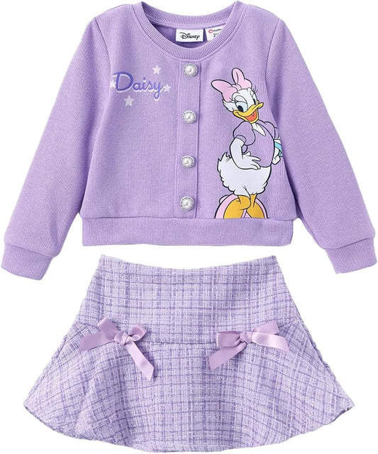 Disney Frozen Elsa Stitch Princess Moana Minnie Toddler Girl 2 Piece Outfit Kid Pearl Button Knit Top & Tweed Skirt Set 2-13Y