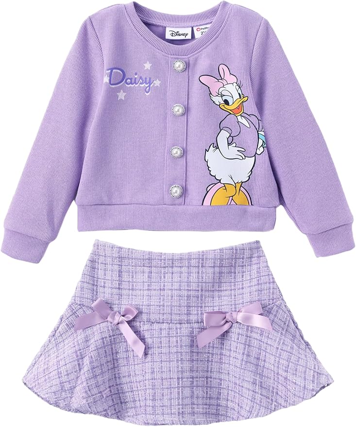 Disney Frozen Elsa Stitch Princess Moana Minnie Toddler Girl 2 Piece Outfit Kid Pearl Button Knit Top & Tweed Skirt Set 2-13Y