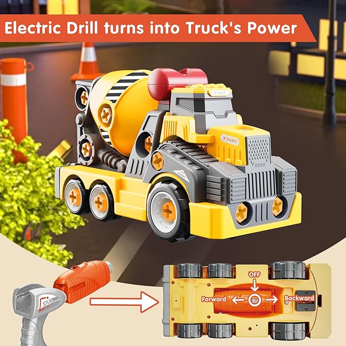 11inches Large Take Apart Cement Mixer Trucks Construction Toys for Boys Girls Kids 3-5 6-8 Year Old Electric Drill Set Assembly Building Toys