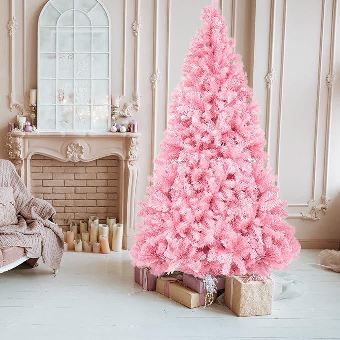 Bonnlo 7ft Unlit Pink Christmas Tree, Artificial Christmas Tree w/1400 Branch Tips, Sturdy Metal Stand, Indoor & Outdoor Xmas Tree for Holiday Decor