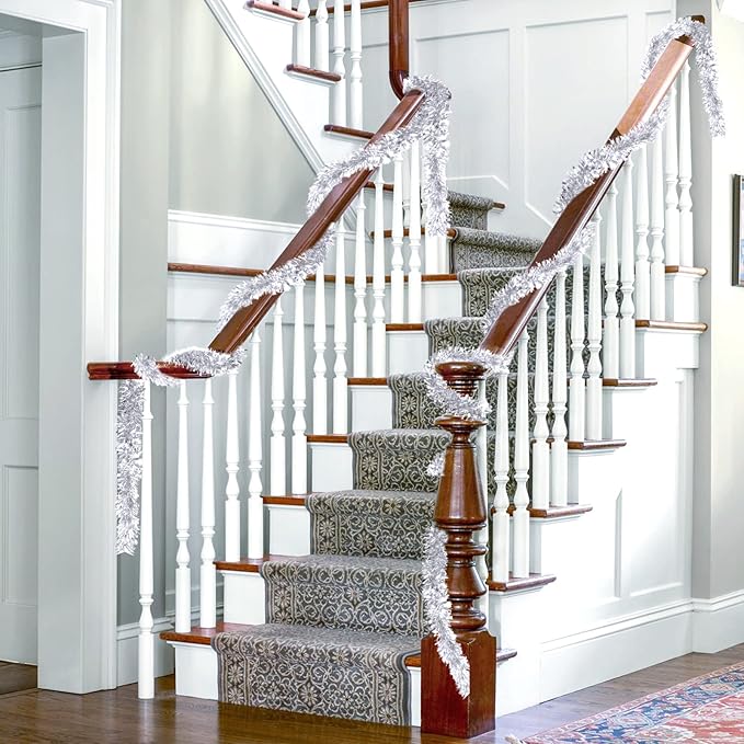 50FT Silver Christmas Tinsel Garland - Metallic Tinsel Twist Garland for Christmas Tree Decorations, Xmas Tree Decor Home Indoor Holiday Party Supplies