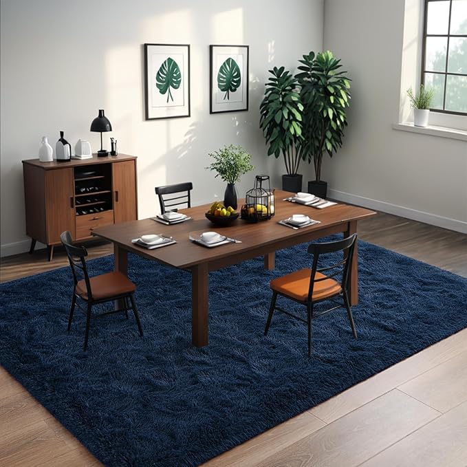 Nuttumico Fluffy Navy Blue Rug Carpet for Bedroom Living Room, 4x6 ft Area Rugs for Boys Kids Girls Bedroom Decor, Soft Shaggy Plush Floor Rug for Kids Nursery, Non-Slip