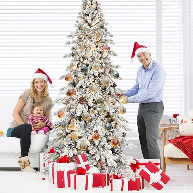 9 FT Pre-Lit Snow Flocked Slim Fir Christmas Tree with 2138 PE & PVC Mixed Branch Tips,Artificial Skinny Pencil Xmas Tree with 1250 Warm-White Lights & 52 Pine Cones,Hinged Pine Tree with Metal Stand