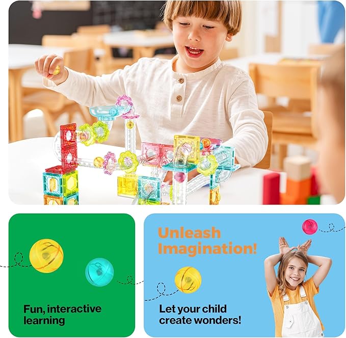 PicassoTiles 100pc Magnetic Marble Run Travel Size Tile Blocks Construction Kids Toy Set On The Go Mini Magnet Tiles Marbles Playset for Race Track Building Block STEM Learning Kit Boy Girl 3+ PTMG100