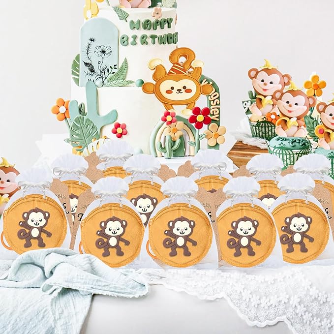 15 Pack Monkey Mini Coin Purse with Keyring for Monkey Themed,Mammal Animals,Jungle Animal,Forest,Baby Shower Wild ONE Party Supplies,Khaki