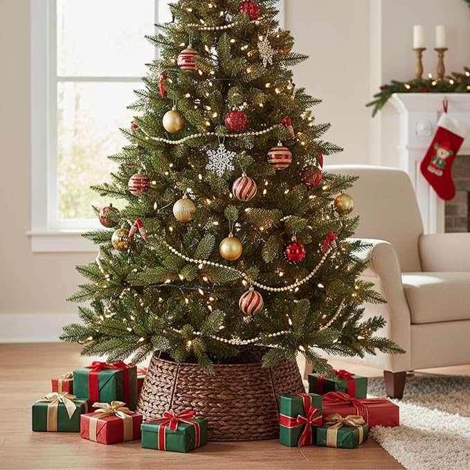 Christmas Tree Collar 27'' D Handmade Hyacinth Tree Collar Basket Rattan Wicker Christmas Woven Tree Ring Stand Base Cover for Christmas Holiday Decoration-Brown Washed