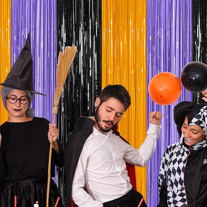 12 Pack Halloween Decor, 3.28 FT x 7.05 FT Orange Purple Black Fringe Curtains, Funny Wall Backdrop Photo Booth Backdrop Party Streamer, Halloween Foil Decorations Photo Booth Props