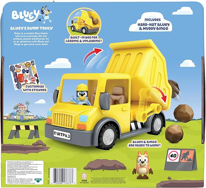 Bluey Dump Truck Toy with Hard Hat Muddy Bingo Figures | Load & Unload Rocks - Includes Safety Signs & Stickers | for Kids Ages 3+