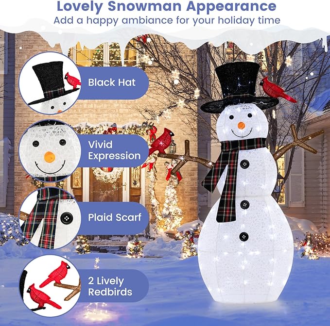 Tangkula 4.2 FT Lighted Christmas Snowman with Redbirds, Pre-Lit Snowman Ornament Christmas Decoration with Cold White LED Lights, Stakes, Outside Xmas Yard Decor, Xmas Indoor Outdoor Holiday Decor