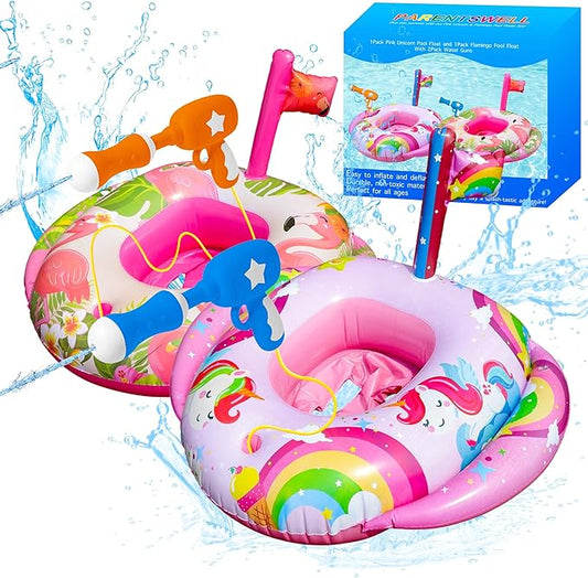 4 Pack Flamingo Unicorn Pool Floats, Swimming Pool Tubes (2Pcs Pool Floats and 2 Pcs Water Guns), Inflatable Pool Floatie, Water Battle Games for Kids