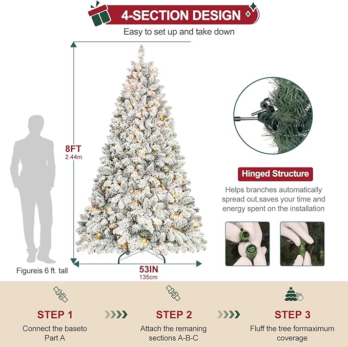Flocked Pre-lit Christmas Tree 8ft, Premium Christmas Tree with Lights - White Flocked Prelit Trees- Artificial Xmas Trees