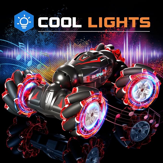 1:12 Red RC Stunt Car, 2.4GHz 4WD Remote Control Gesture Sensor Toy Cars, Double Sided Rotating Off Road Vehicle 360° Flips with Lights Music, Toy Cars for Boys & Girls Birthday